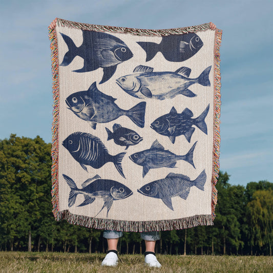 Blue Fish  Woven Blanket | Comfy throw for lake life