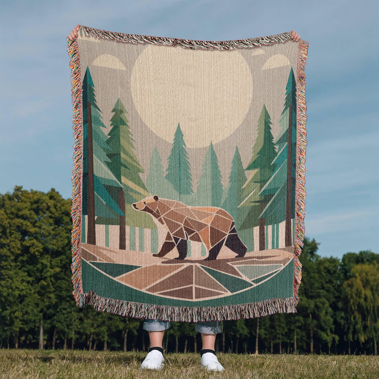 Wilderness Bear Geometric Forest Woven Blanket | Cozy Throw for Nature and Adventure Lovers