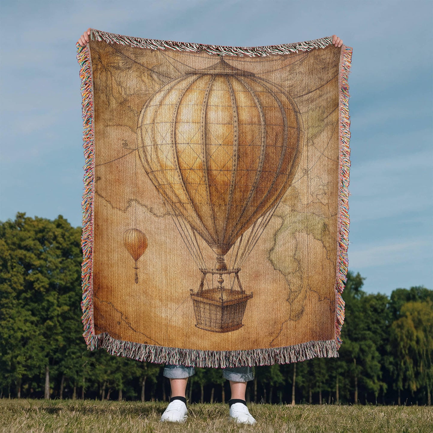 Vintage Hot Air Balloon Woven Blanket | Comfy throw for travel and adventure