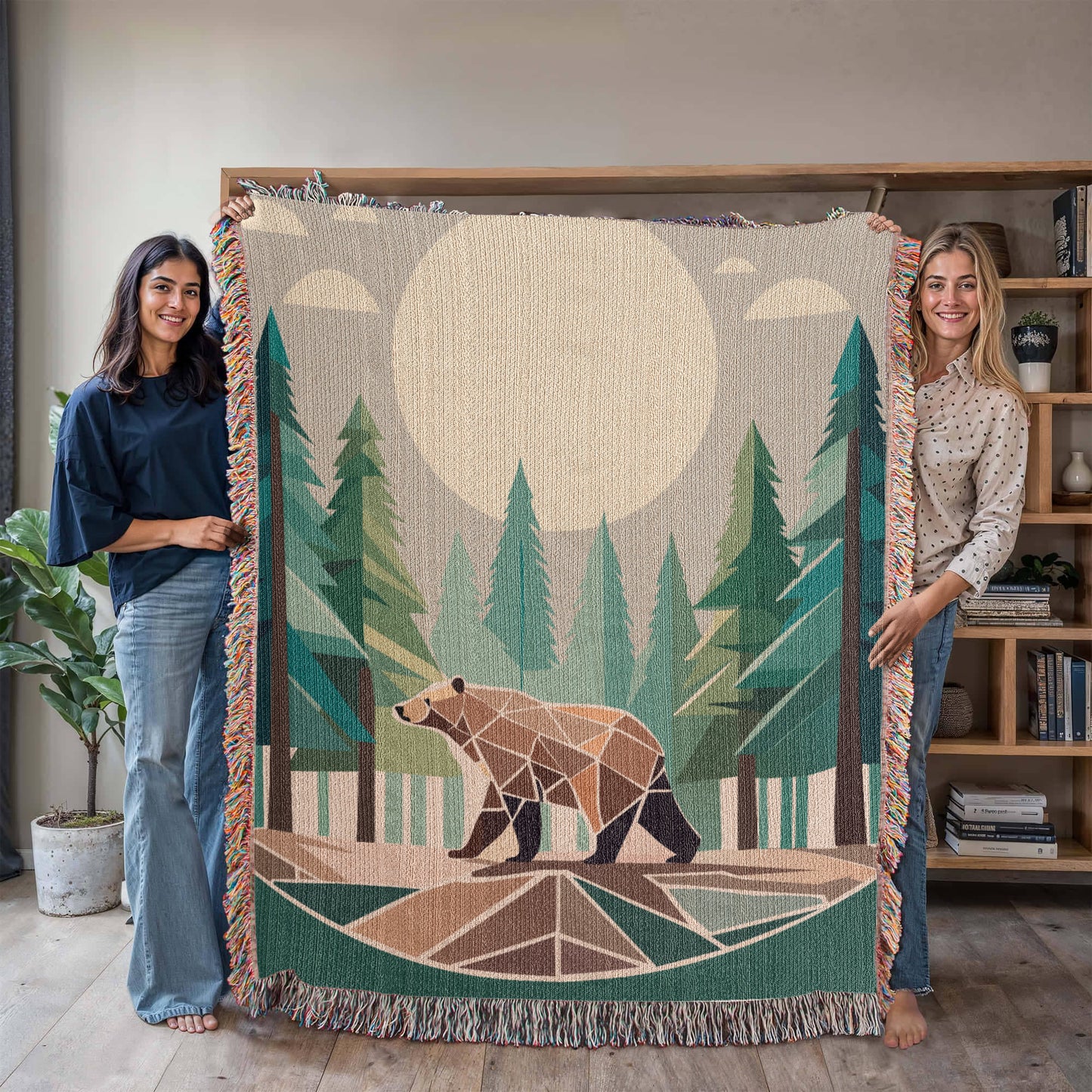 Wilderness Bear Geometric Forest Woven Blanket | Cozy Throw for Nature and Adventure Lovers