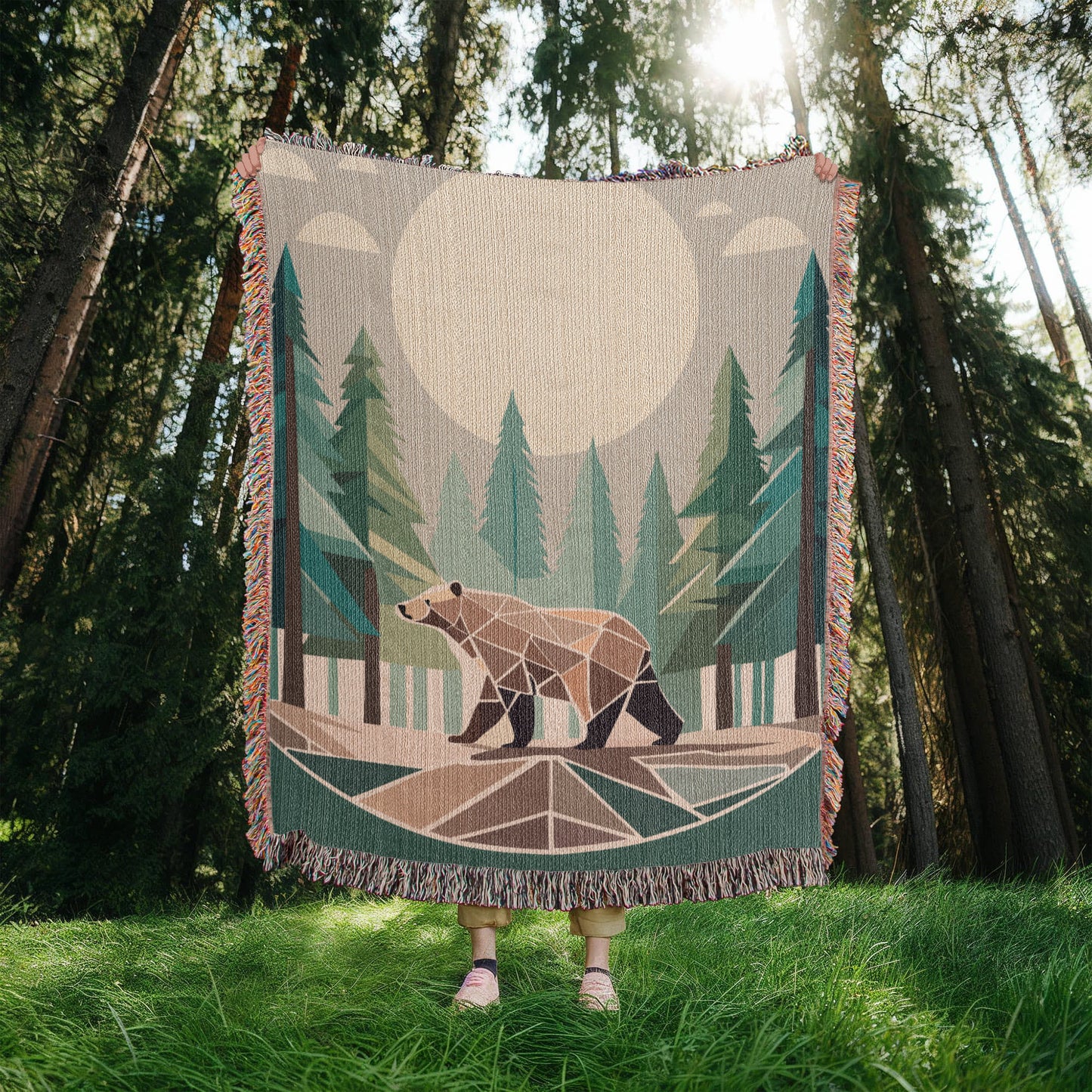 Wilderness Bear Geometric Forest Woven Blanket | Cozy Throw for Nature and Adventure Lovers