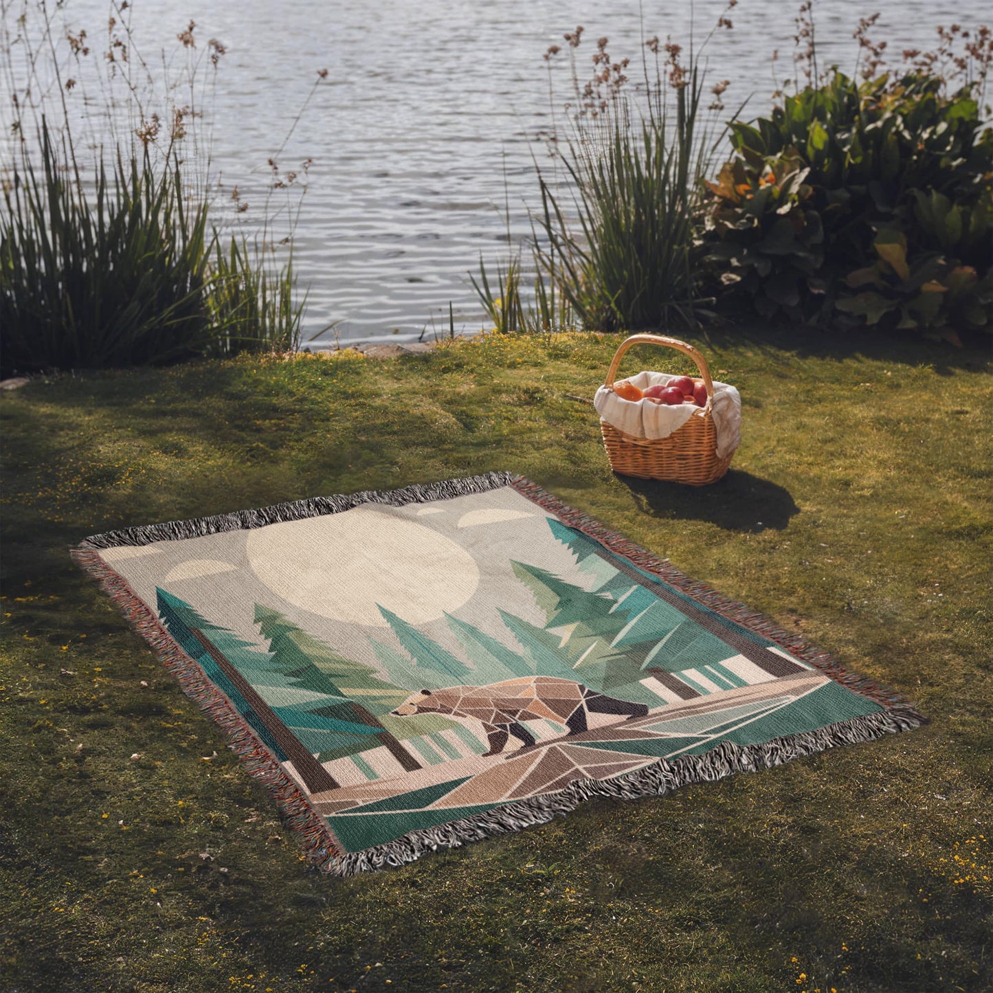 Wilderness Bear Geometric Forest Woven Blanket | Cozy Throw for Nature and Adventure Lovers