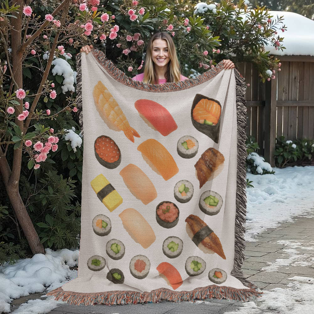 Sushi Assortment Woven Blanket | Cozy throw for foodies and sushi lovers