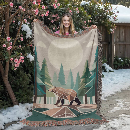 Wilderness Bear Geometric Forest Woven Blanket | Cozy Throw for Nature and Adventure Lovers