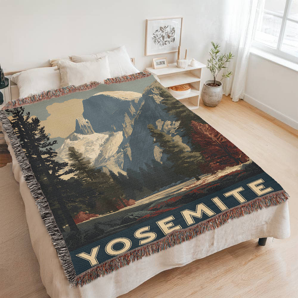 Yosemite National Park Half Dome WPA Style Woven Blanket | Cozy Throw for Cool Days
