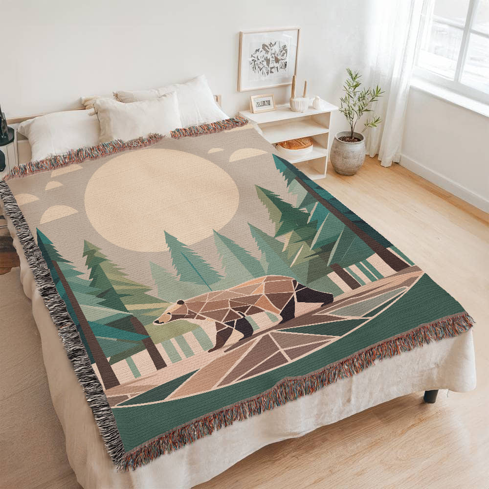 Wilderness Bear Geometric Forest Woven Blanket | Cozy Throw for Nature and Adventure Lovers